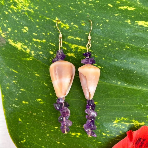 💜14KGoldFilled Real Seashell/Amethyst Earrings - Picture 1 of 5